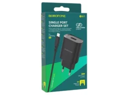 СЗУ 1 USB Borofone BN1, 2100mA, пластик, кабель 8 pin, цвет: чёрный(1/60/360)