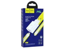 СЗУ 1 USB , Type-C HOCO, N14, пластик, PD20W, QC3.0, кабель Type-C, 8-pin 1.0м, цвет: белый